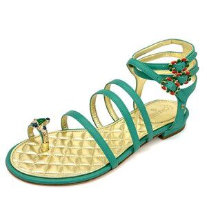 CHANEL 15P Leather Jewel Toe Ring Strappy Flat Gladiator Sandals Shoes